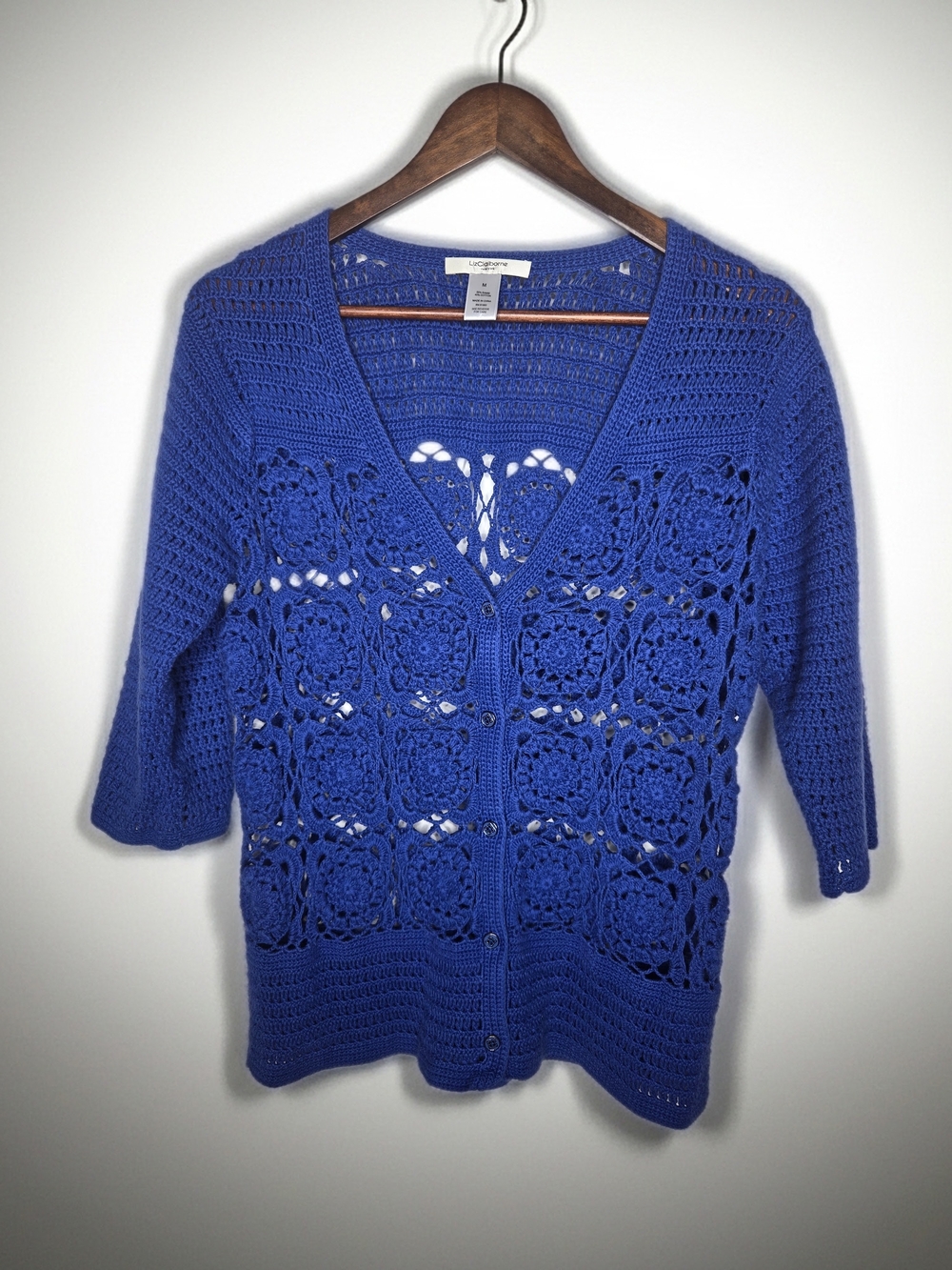 Liz Claiborne Royal Blue Crochet Knit Cardigan Sweater 3/4 Sleeve Button Up M